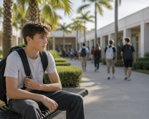 Teenage boy with backpack sitting on bench outdoors, campus walkway in background.